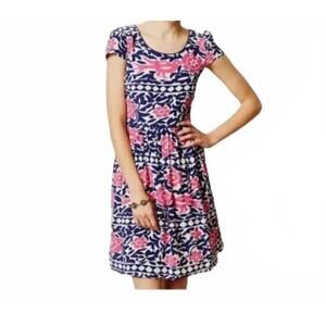 Anthropologie Maeve Peralta Blue Pink Floral & Bird Pattern Dress Size 2